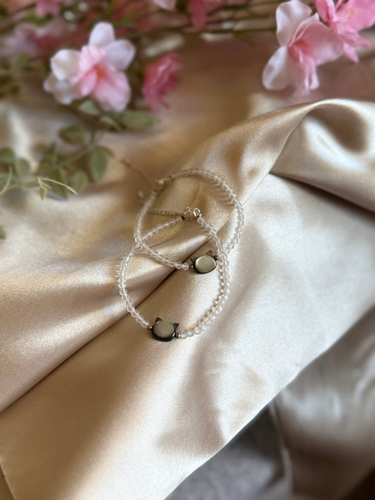 Clear Quartz bracelet with Mother of Pearl Cat Head